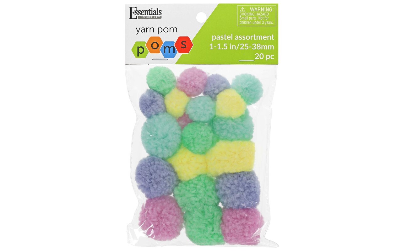 Essentials by Leisure Arts  Yarn Pom Poms - Assorted Pastel - 1&#x22; to 1.5&#x22; - 20 piece pom poms arts and crafts - gray pompoms for crafts - craft pom poms - puff balls for crafts